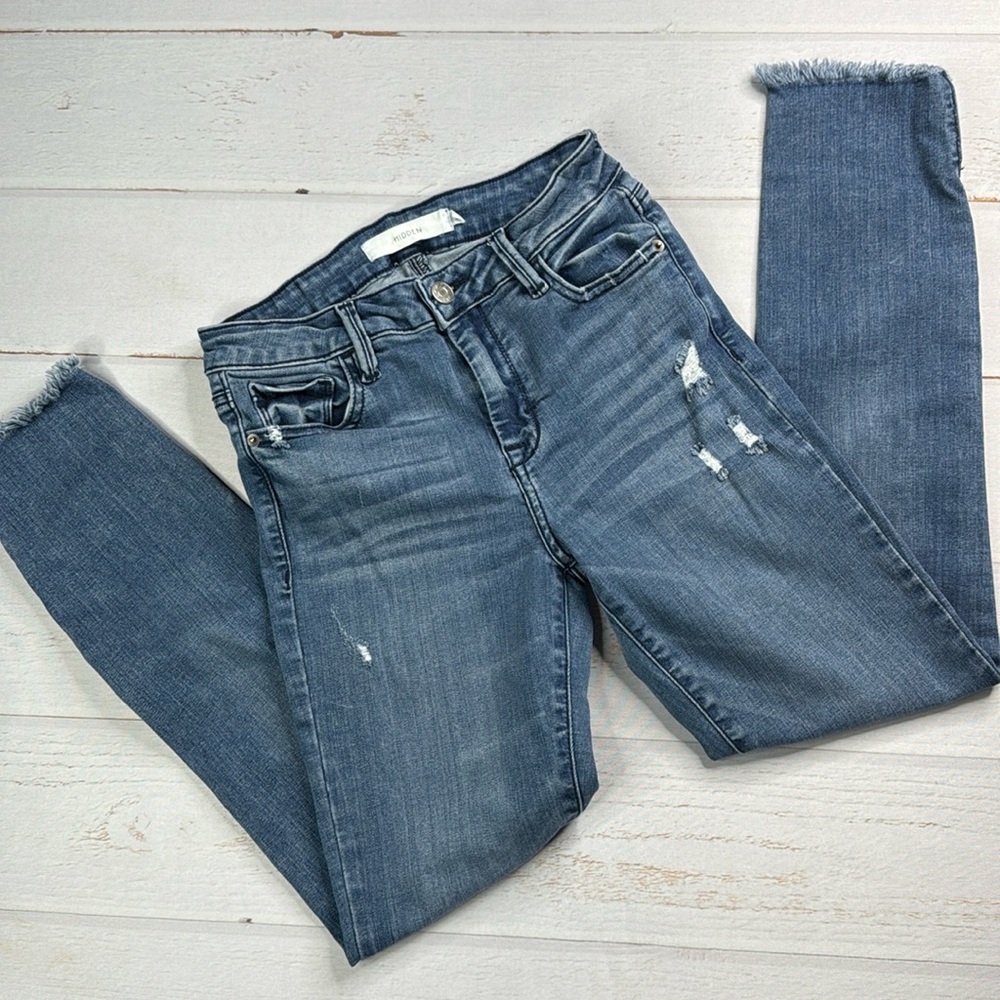 Hidden Distressed Raw Hem Side Slit Skinny Jeans Size 26